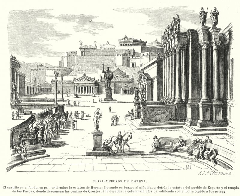 Marktplatz von Sparta, Antikes Griechenland (Lithografie) von German School