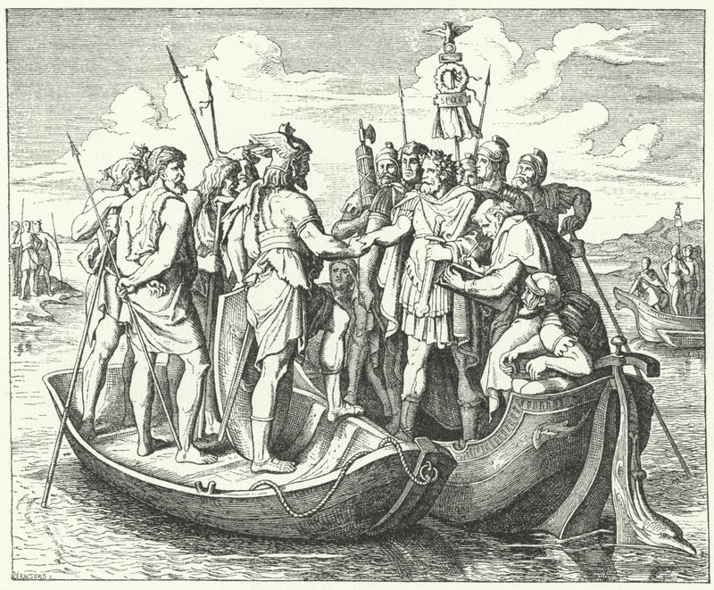 Treffen des römischen Kaisers Valens und des westgotischen Königs Athanarich an der Donau, 369 (Stich) von German School