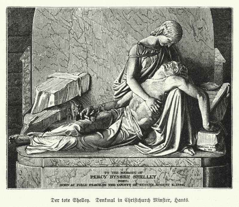 Denkmal für den englischen Dichter Percy Bysshe Shelley, Christchurch Priory, Dorset (Lithografie) von German School