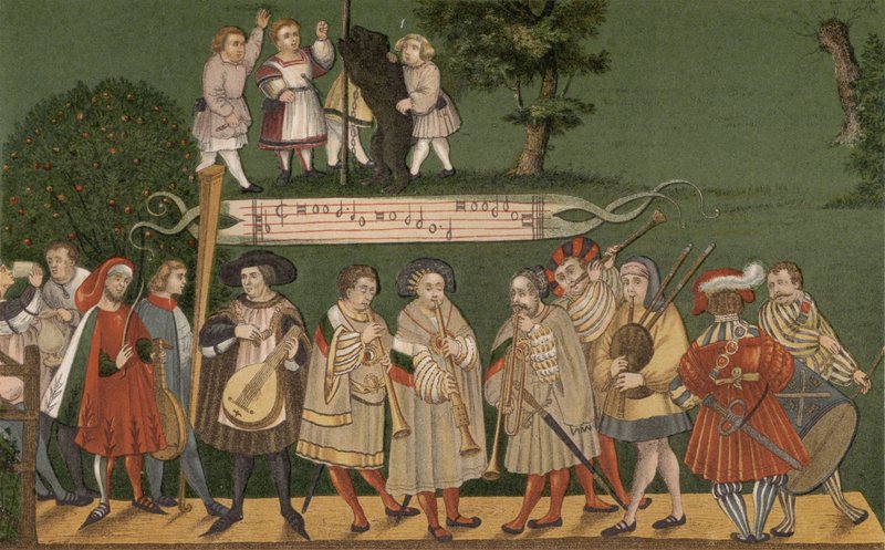 Musiker aus Augsburg, Deutschland, spielen für Tänzer des Geschlechtertanzes, 1520 von German School