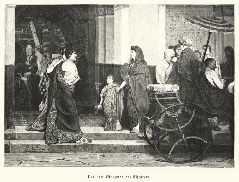 Vor dem Eingang zu einem römischen Theater (Stich) von German School