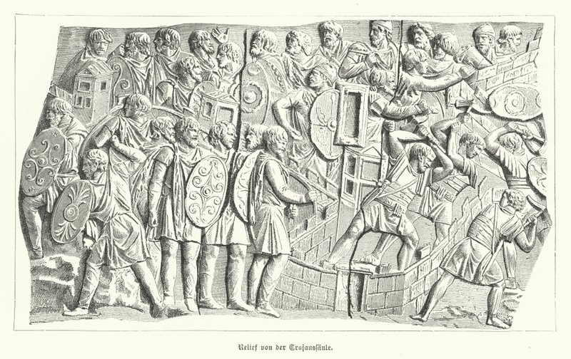 Relief von Trajanssäule, Rom, Darstellung der Römer, die die Daker besiegen (Gravur) von German School