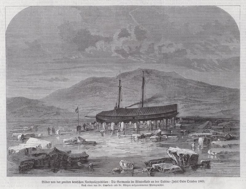 Schoner Germania bei der Sabine-Insel vor der Ostküste Grönlands, zweite deutsche Nordpolarexpedition, Ende Oktober 1869 (Stich) von German School