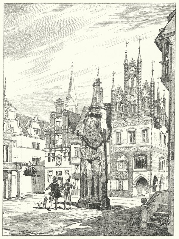 Statue von Roland, errichtet 1404 vor der Kathedrale in Bremen, Deutschland (Gravur) von German School