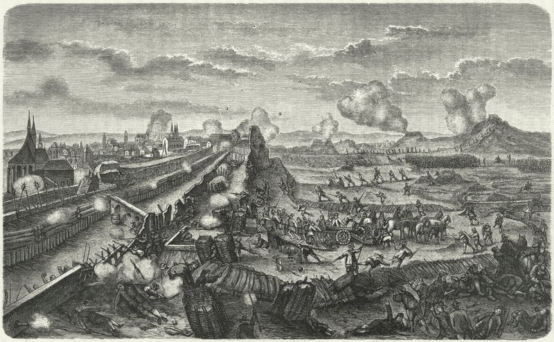 Schwedische Truppen greifen die Verteidigungsanlagen von Prag an von German School