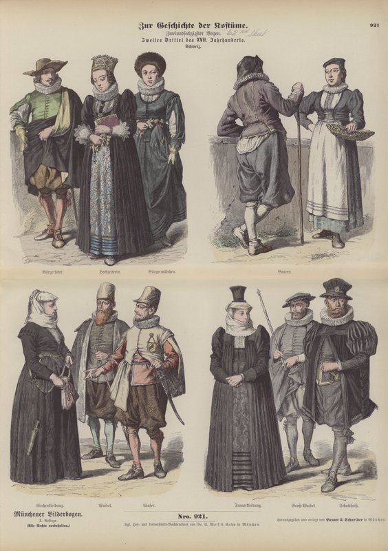 Schweizer Kostüme, Mitte des 17. Jahrhunderts (farbiger Stich) von German School