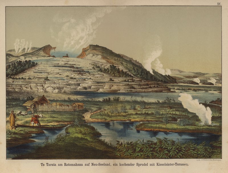 Te Tarata (Weiße Terrasse), geothermische Siliziumablagerungen am Ufer des Lake Rotomahana, Neuseeland von German School