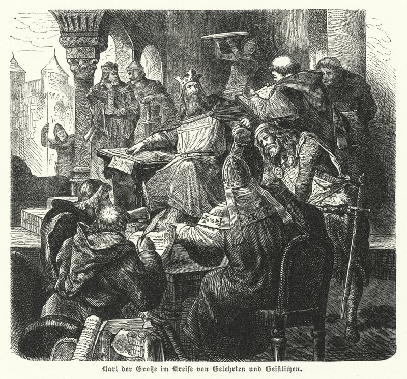 Der Kaiser Karl der Große umgeben von Gelehrten und Klerikern von German School