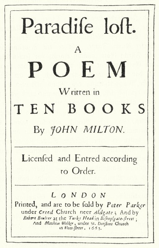 Titelseite der Originalausgabe von Paradise Lost des englischen Dichters John Milton, veröffentlicht 1667 (Gravur) von German School