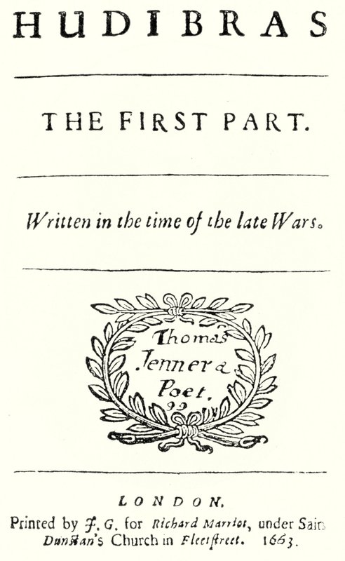 Titelseite des satirischen Gedichts Hudibras von dem englischen Dichter Samuel Butler, veröffentlicht 1663 (Stich) von German School