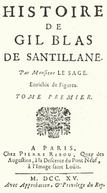 Titelseite der ersten Ausgabe von Gil Blas des französischen Romanciers und Dramatikers Alain-Rene Lesage, veröffentlicht 1715 (Stich) von German School