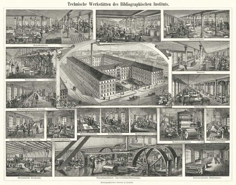 Werkstätten des Bibliographischen Instituts, Leipzig, Deutschland (Gravur) von German School