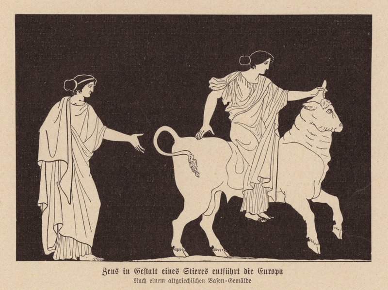 Zeus in Gestalt eines Stiers entführt Europa von German School