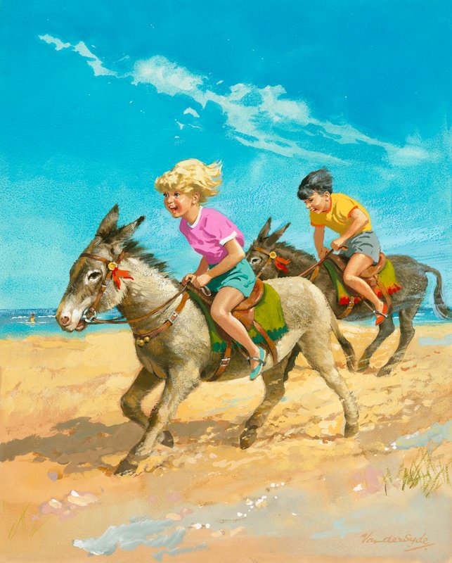 Junge und Mädchen reiten Esel am Strand von Gerritt Vandersyde