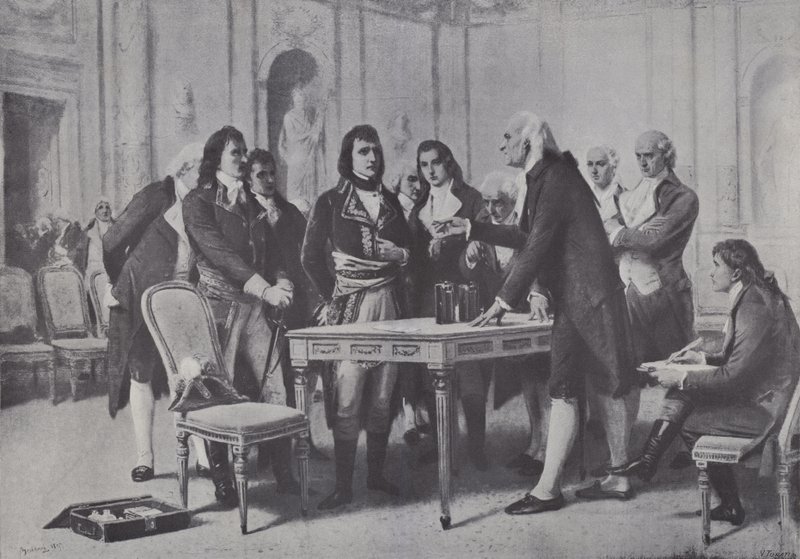 Alessandro Volta demonstriert Napoleon, dem Ersten Konsul von Frankreich, seine Batterie, 1801 von Giuseppe Bertini