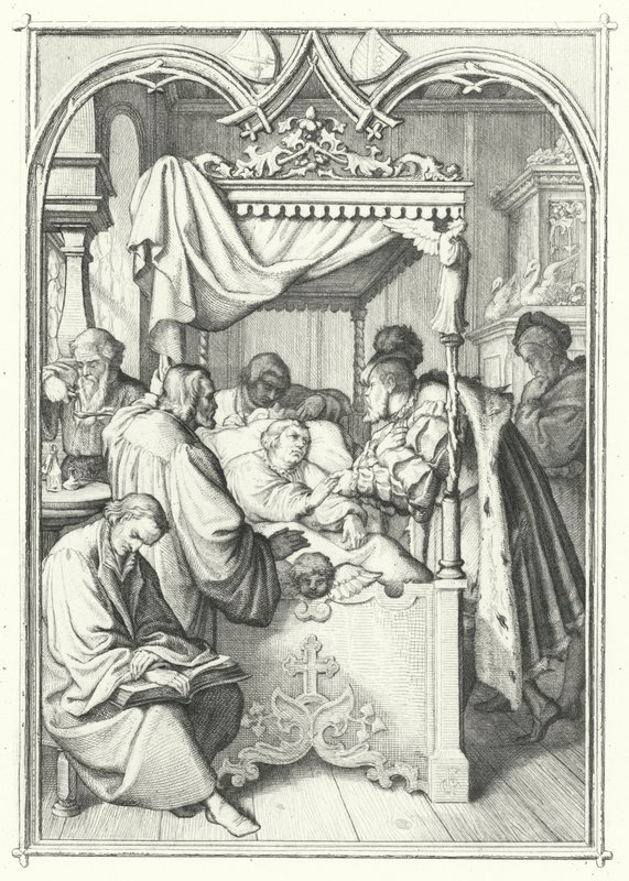 Johann, Kurfürst von Sachsen, besucht Martin Luther im Krankenhaus (Stich) von Gustav Ferdinand Leopold Konig