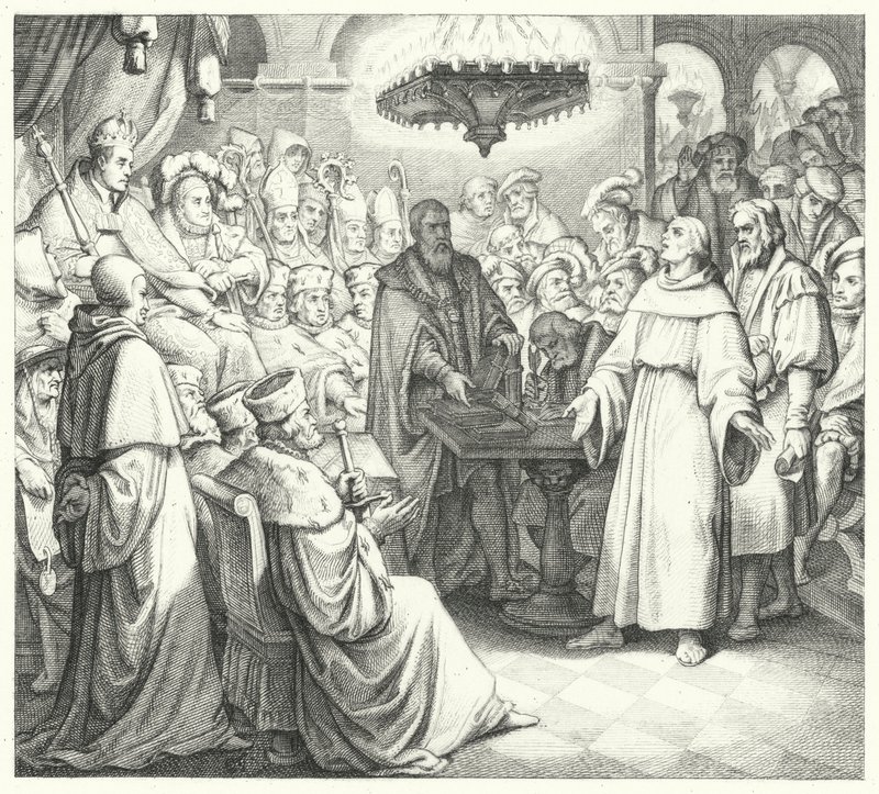 Martin Luther erscheint vor Kaiser Karl V. auf dem Reichstag zu Worms (Stich) von Gustav Ferdinand Leopold Konig