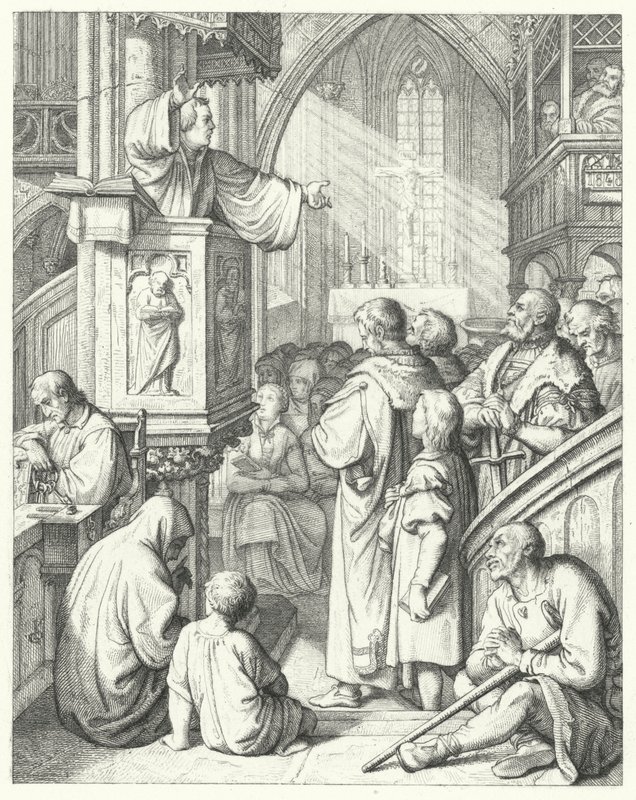 Martin Luther hält eine Predigt (Stich) von Gustav Ferdinand Leopold Konig