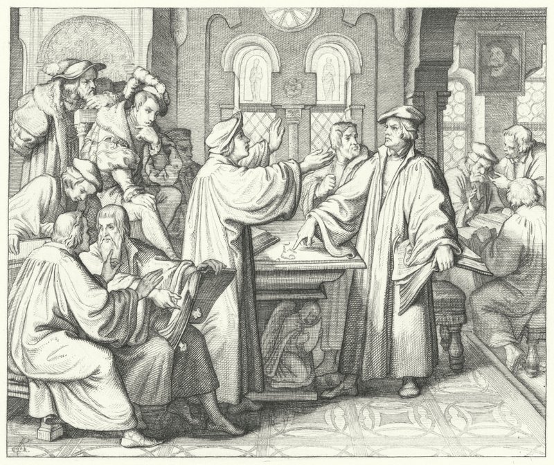 Martin Luther diskutiert das Sakrament mit Huldrych Zwingli (Stich) von Gustav Ferdinand Leopold Konig
