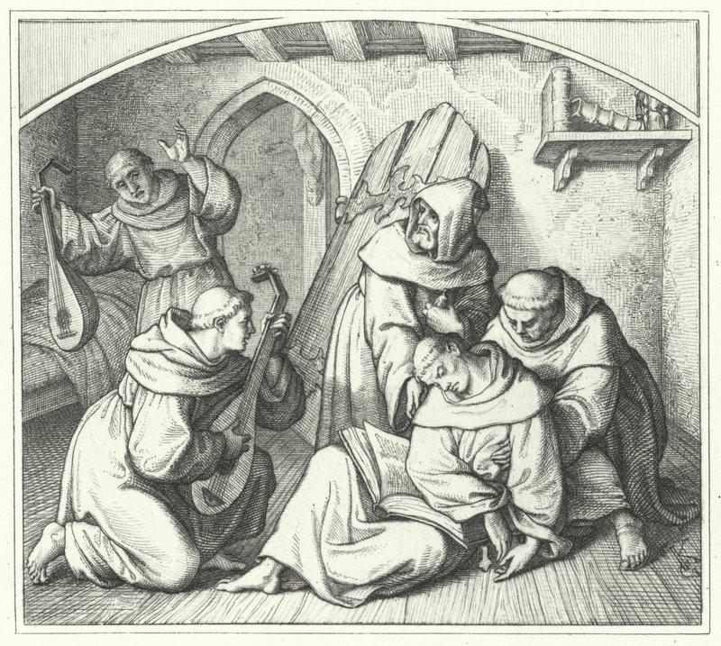Martin Luther fällt in Ohnmacht mit einer Bibel in der Hand und seine Freunde bringen ihn wieder zu Bewusstsein (Stich) von Gustav Ferdinand Leopold Konig
