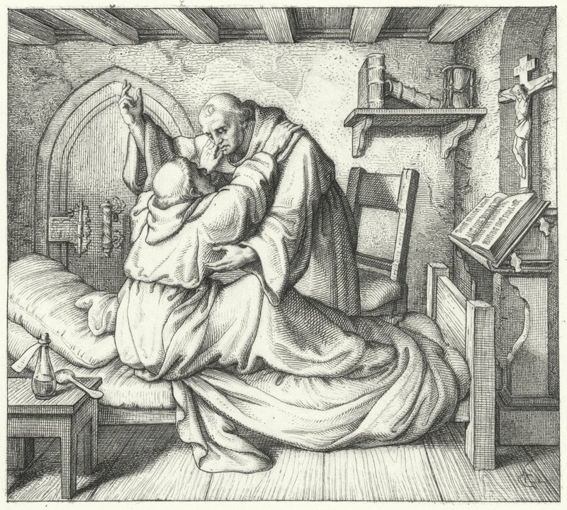 Martin Luther wird von einem Mitmönch während seiner geistigen Qual im Kloster getröstet (Stich) von Gustav Ferdinand Leopold Konig