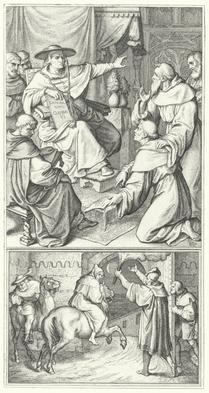 Martin Luther verlässt den päpstlichen Legaten in Wittenberg, Thomas Cajetan (oben). Martin Luther verlässt die Stadt Augsburg (unten) (Stich) von Gustav Ferdinand Leopold Konig