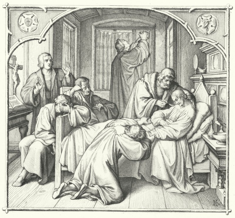 Martin Luther betet am Sterbebett von Philipp Melanchthon (Gravur) von Gustav Ferdinand Leopold Konig