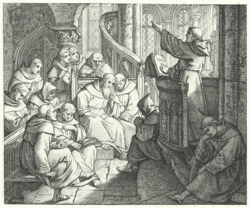 Martin Luther predigt Johann von Staupitz und den anderen Mönchen im Kloster (Gravur) von Gustav Ferdinand Leopold Konig