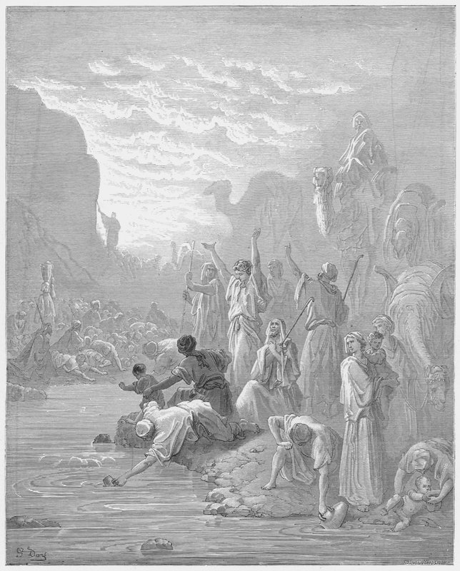 Moses schlägt den Felsen in Horeb von Gustave Dore