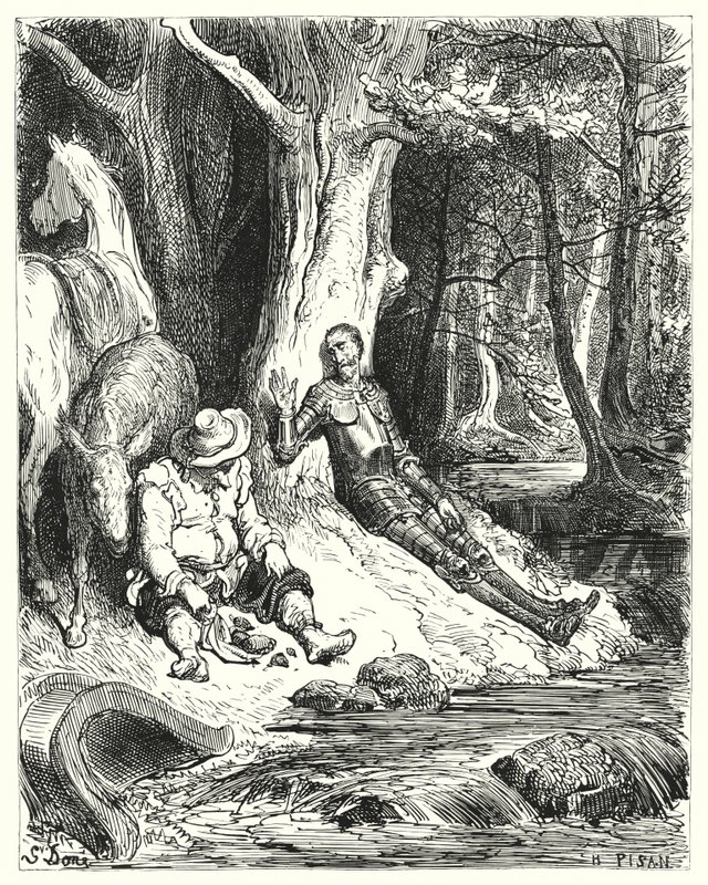 Gustave Dorés Don Quixote: "Ein klarer Brunnen, den Don Quixote und Sancho unter einigen grünen Bäumen fanden, diente ihnen zur Erfrischung" von Gustave Dore