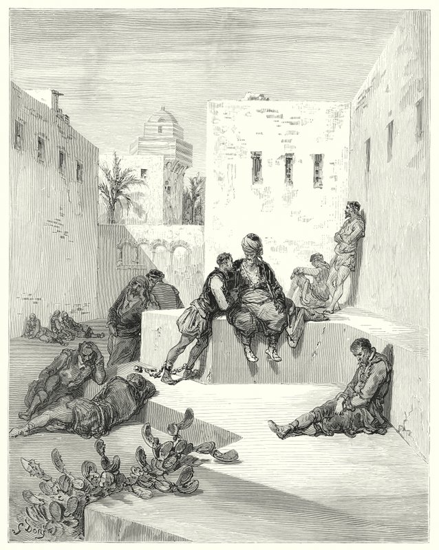 Don Quijote: "Schließlich beschloss ich, einem Abtrünnigen aus Murcia zu vertrauen, der mir große Beweise seiner Freundlichkeit gezeigt hatte" (Gravur) von Gustave Dore