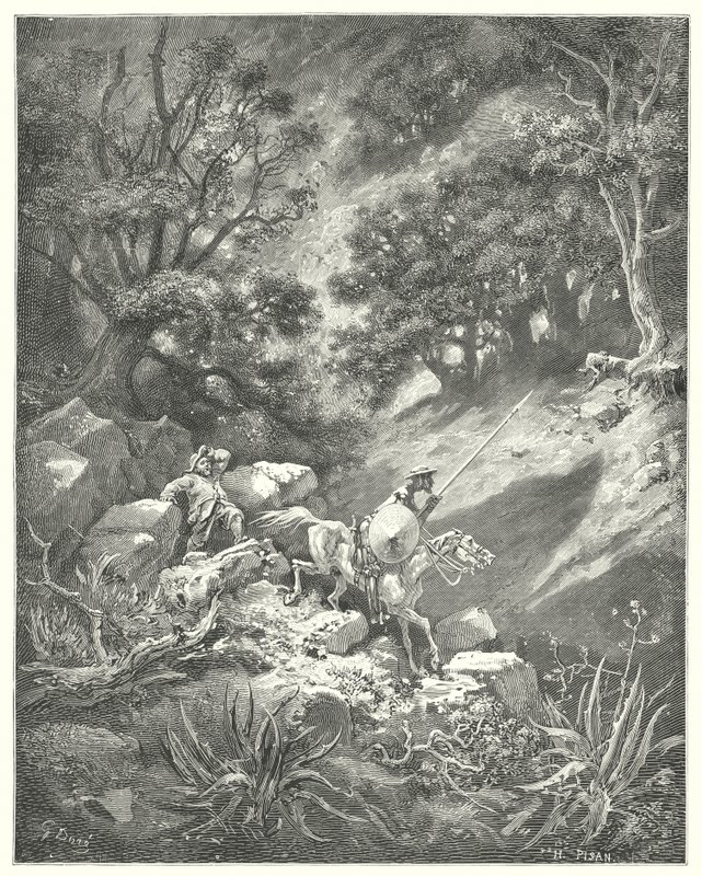 Gustave Dorés Don Quixote: "Aber bitte, Herr," sagte Sancho, "ist es ein gutes Gesetz der Ritterschaft, das besagt, dass wir in dieser felsigen Wildnis über Büsche und Dornen wandern sollen?" von Gustave Dore
