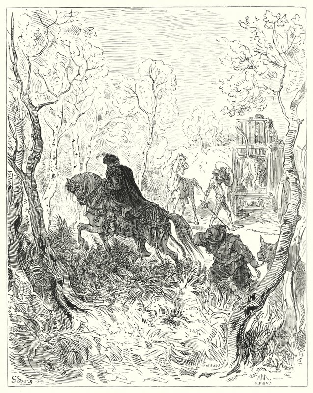 Gustave Dorés Don Quixote: "Er stellte sich direkt vor die Tür des Käfigs" von Gustave Dore