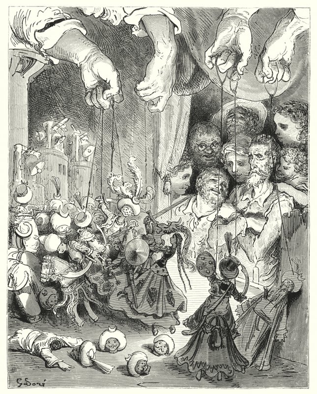 Gustave Dorés Don Quixote: "Beobachte, was für eine riesige Menge glänzender Pferde aus der Stadt strömt, um die christlichen Liebenden zu verfolgen" von Gustave Dore