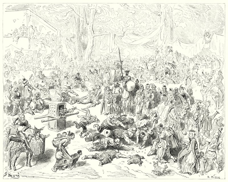 Don Quijote: "Der arme Sancho folgte seinem Herrn mit schwerem Herzen" (Gravur) von Gustave Dore