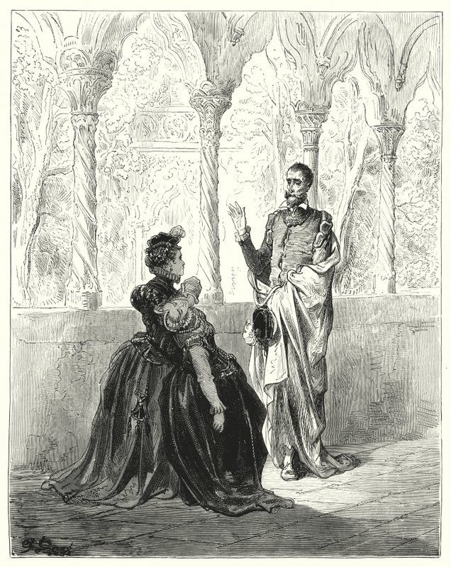 Gustave Dorés Don Quixote: "Bitte, mein Herr Don Quixote, ziehen Sie sich zurück, denn dieses arme junge Geschöpf wird nicht zu sich kommen, solange Sie hier sind" von Gustave Dore