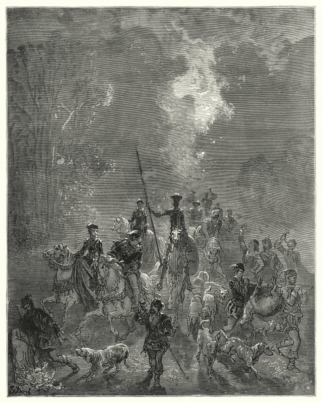 Der Morgen begann sein lächelndes Aussehen im östlichen Teil des Himmels zu verbreiten (Illustration von Don Quixote) von Gustave Dore