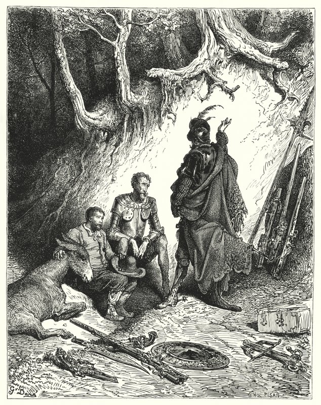 Gustave Dorés Don Quixote: "Die Knappen ließen Don Quixote, Roque und Sancho zurück, um auf ihre Rückkehr zu warten" von Gustave Dore