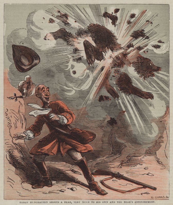 Baron Münchhausen erschießt einen Bären, sehr zu seinem und des Bären Erstaunen (Farblitho) von after Hablot Knight Browne