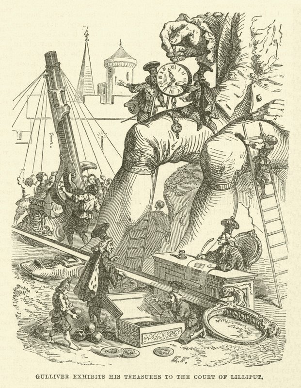 Gulliver zeigt seine Schätze dem Hof von Lilliput (Gravur) von after Hablot Knight Browne