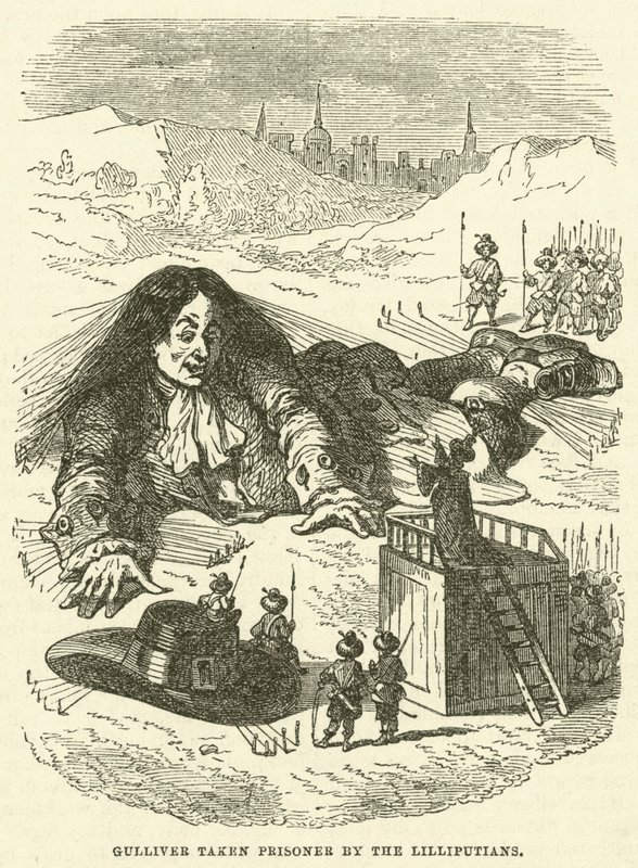 Gulliver wird von den Lilliputanern gefangen genommen (Gravur) von after Hablot Knight Browne