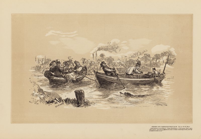 Oxford und Cambridge Bootsrennen, Nr. 2, Auf dem Fluss von Hablot Knight (1815 92) Browne