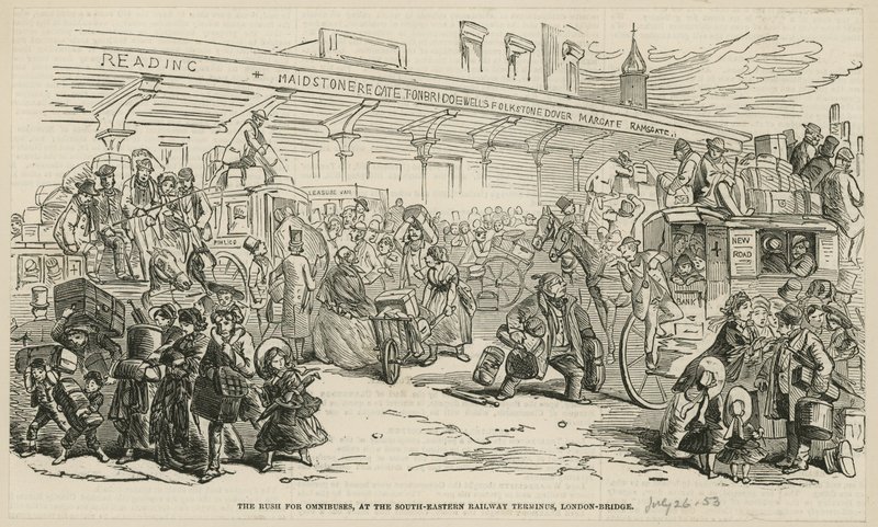 Der Ansturm auf die Omnibusse am südöstlichen Bahnhofsterminus, London Bridge von Hablot Knight Browne