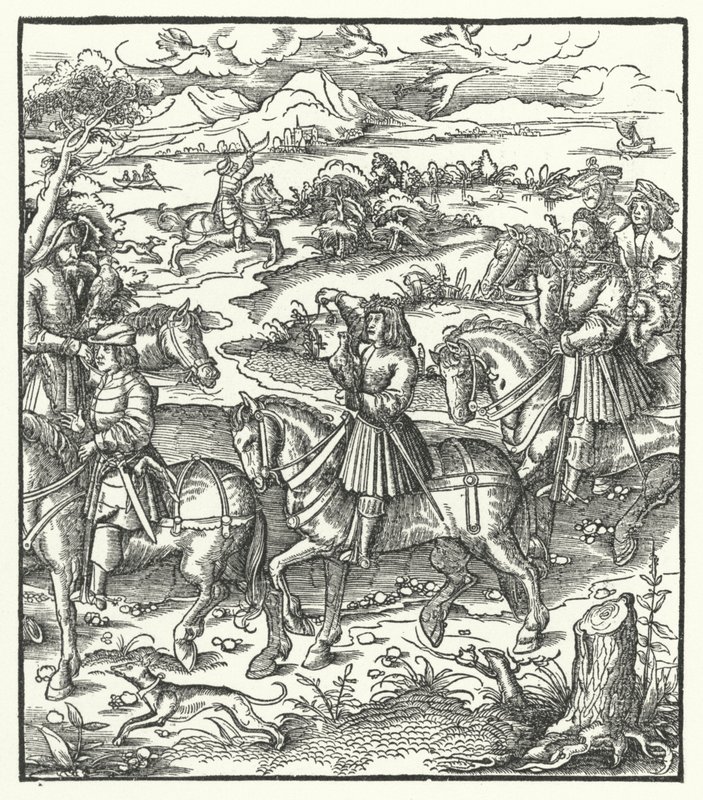 Erzherzog Maximilian von Österreich bei der Reiherjagd (Gravur) von Hans (after) Burgkmair