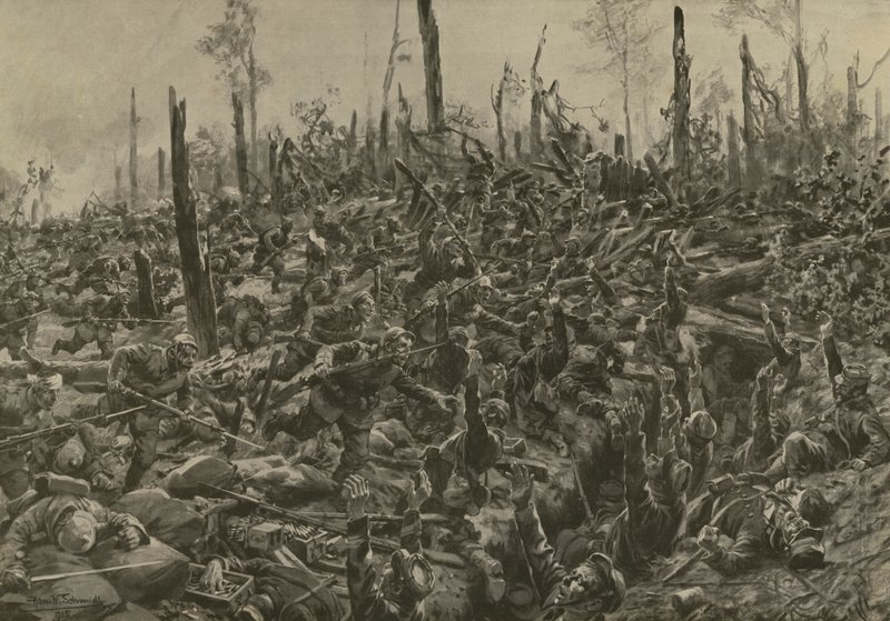 Deutscher Angriff auf französische Blockhäuser und Schützengräben im Bois-le-Pretre nach dem Artilleriebeschuss vom 5. Juli 1915 von Hans W. (after) Schmidt