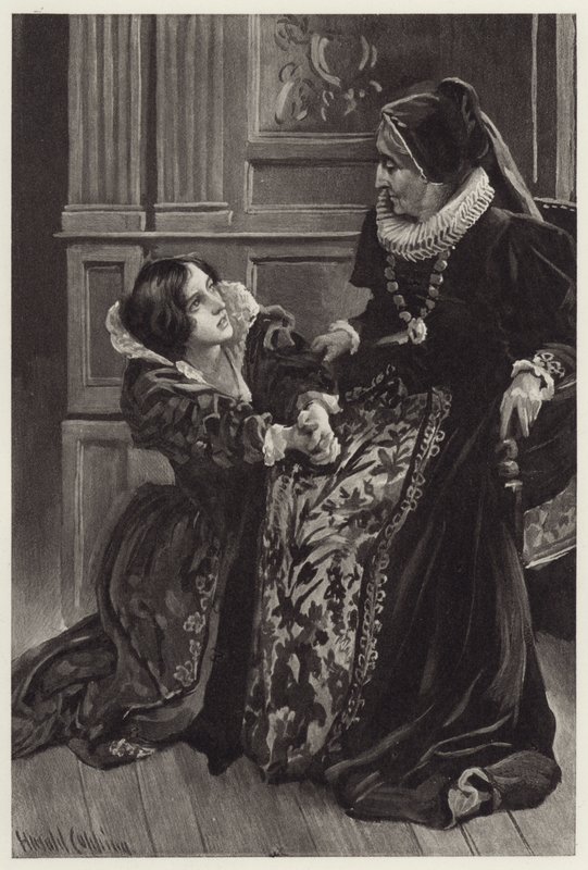 Helena kniete nieder, bekannte ihre Liebe und flehte mit Scham und Angst um Vergebung ihrer edlen Herrin von Harold Copping