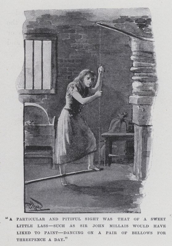"Ein besonderes und mitleiderregendes Bild war das eines süßen kleinen Mädchens, wie es Sir John Millais gerne gemalt hätte, das für drei Pence am Tag auf einem Blasebalg tanzte" von Harold Hume Piffard