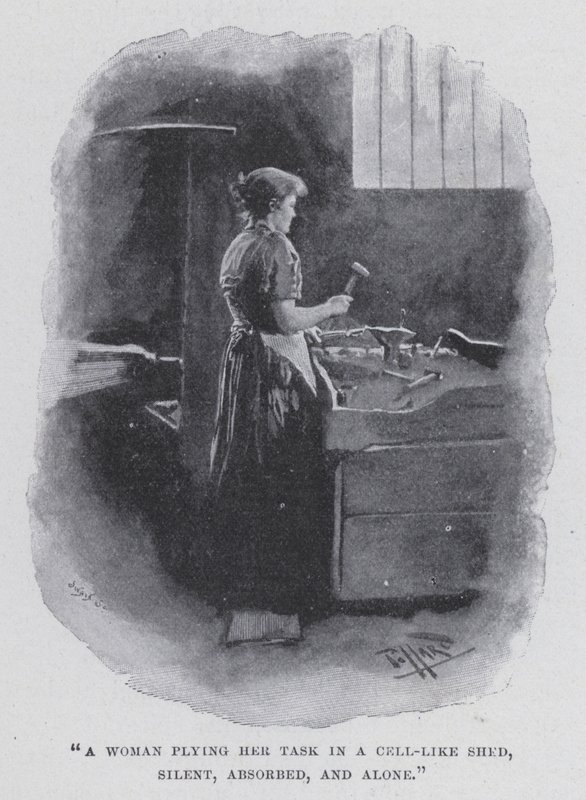 Eine Frau, die ihre Aufgabe in einem zellenartigen Schuppen ausführt, still, vertieft und allein (s/w Foto) von Harold Hume Piffard