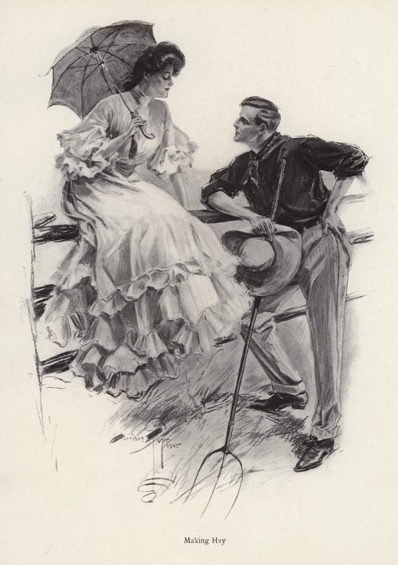 Ein Bauer macht eine Pause bei der Arbeit, um mit einer jungen Frau zu flirten von Harrison Fisher