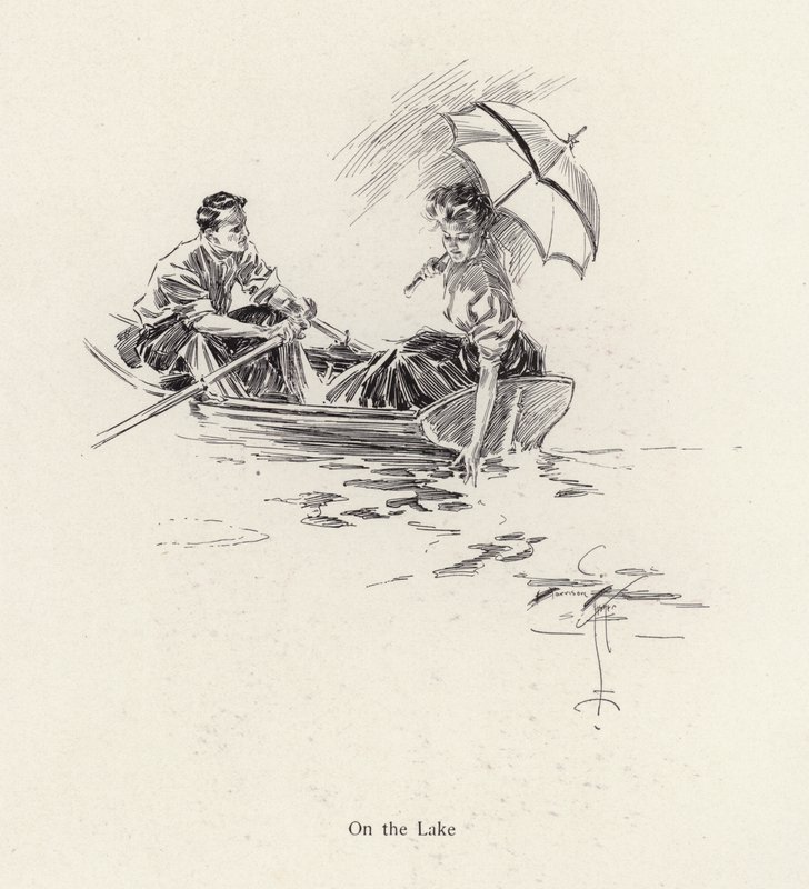 Mann und Frau in einem Ruderboot auf dem See von Harrison Fisher